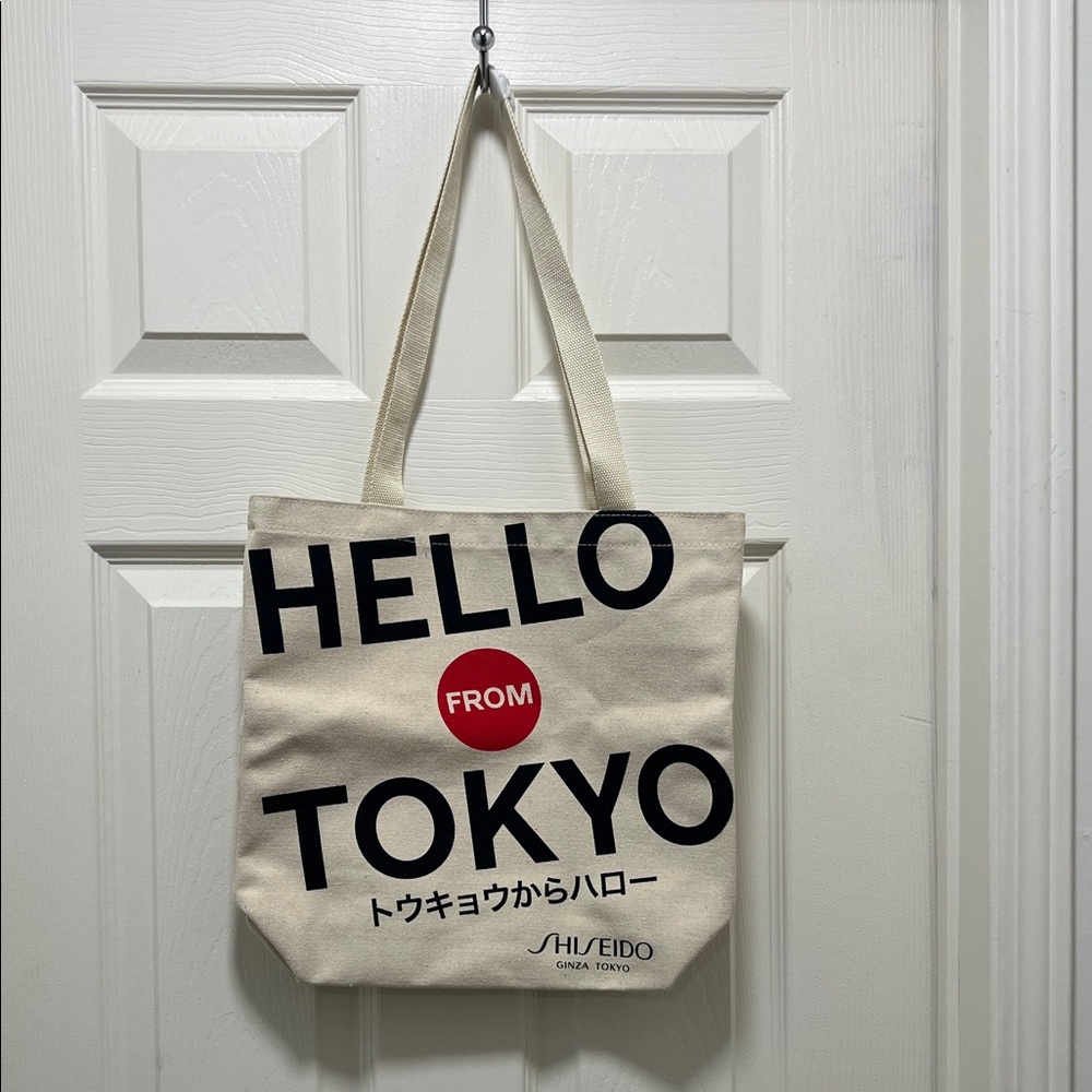 Shiseido Cream Canvas Tote with Black and Red Print